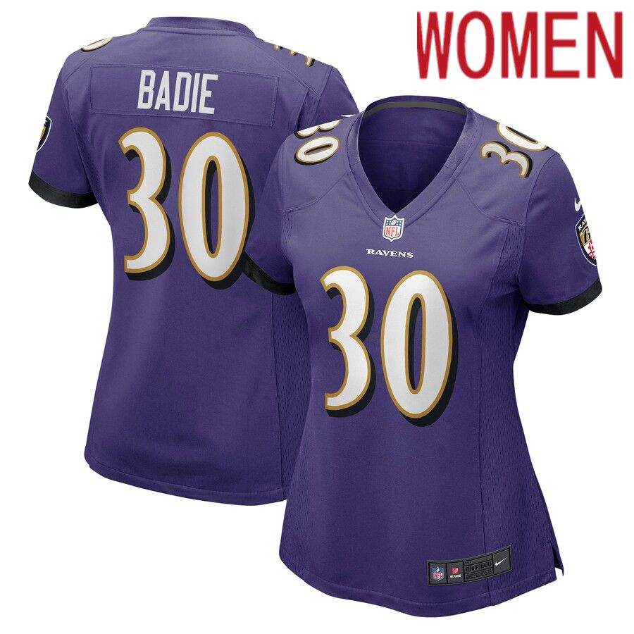 Women Baltimore Ravens #30 Tyler Badie Nike Purple Player Game NFL Jersey->women nfl jersey->Women Jersey